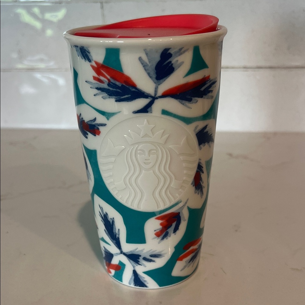 Starbucks Teal and Red Ceramic Tumbler